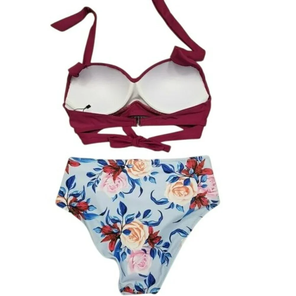 Floral High-Waisted Bikini Set With Burgundy‎ Bow-Tie Top Large NWOT